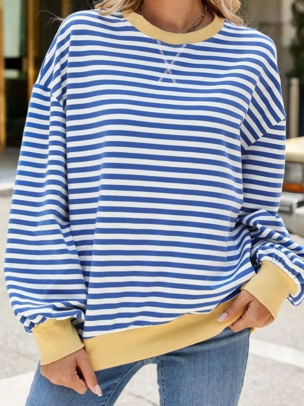 Striped Blue & White Crewneck Sweater with Yellow Trim